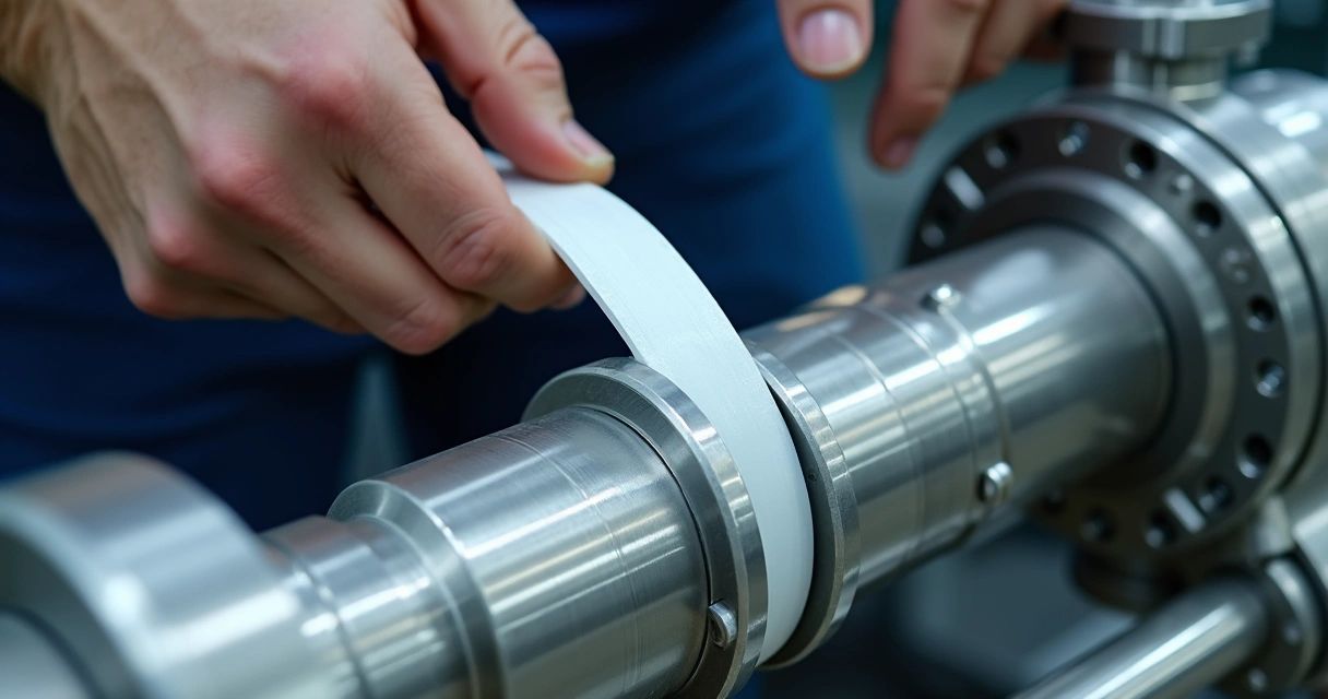 Montagem de equipamento industrial com fita guia em teflon em detalhe 
