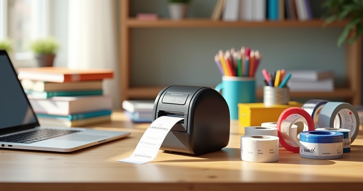 Pessoa usando fita rotuladora para organizar cabos e caixas em mesa de escritório 