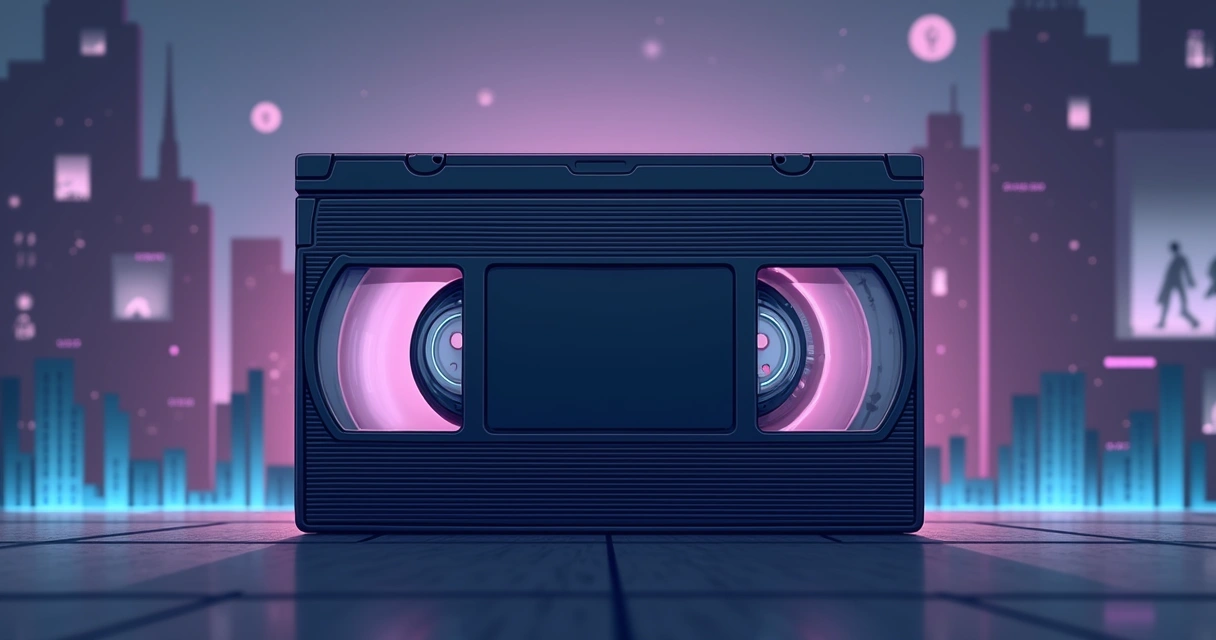 VHS antigo com fita saindo e ilustrações de cenas de anime no fundo