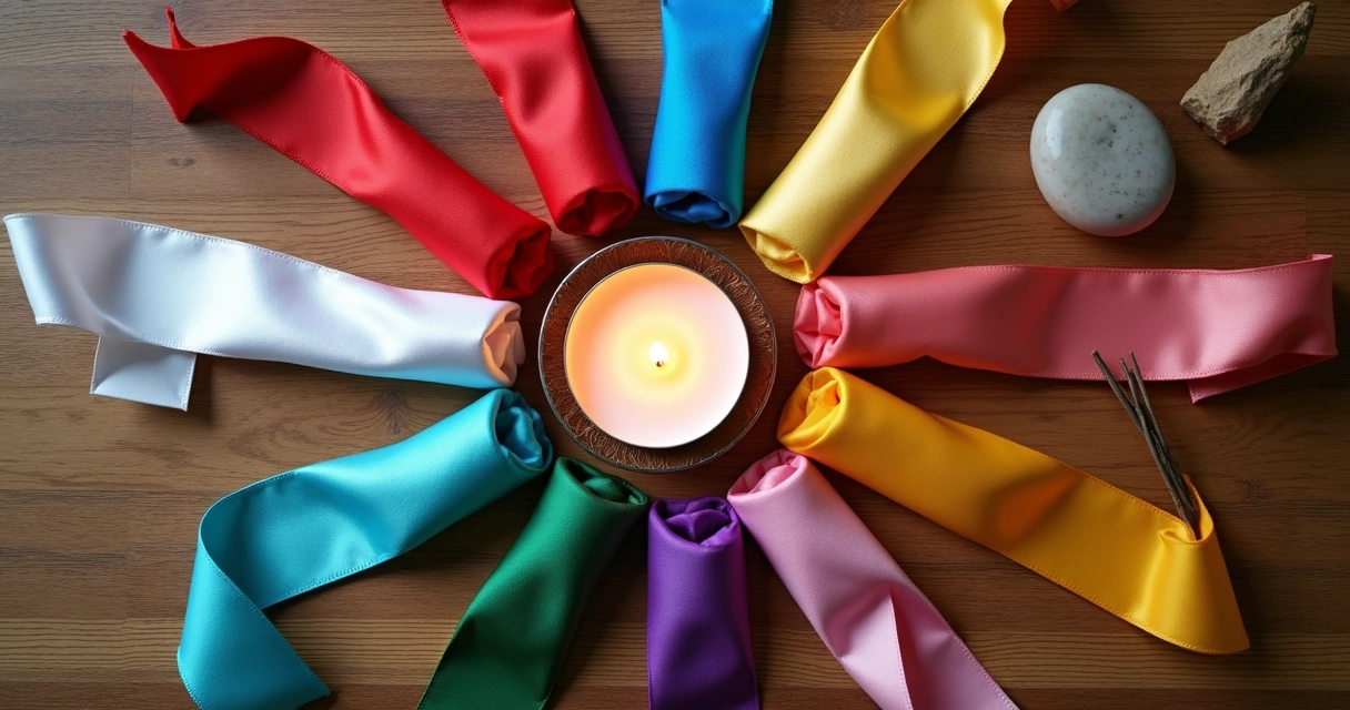 Fitas de cetim coloridas arrumadas em círculo com vela acesa no centro 