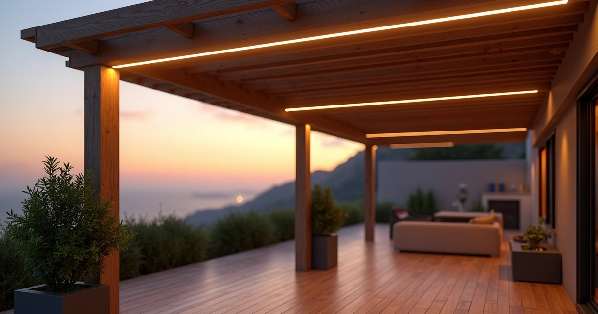 Fita de LED embutida em viga de pérgula iluminando deck externo 