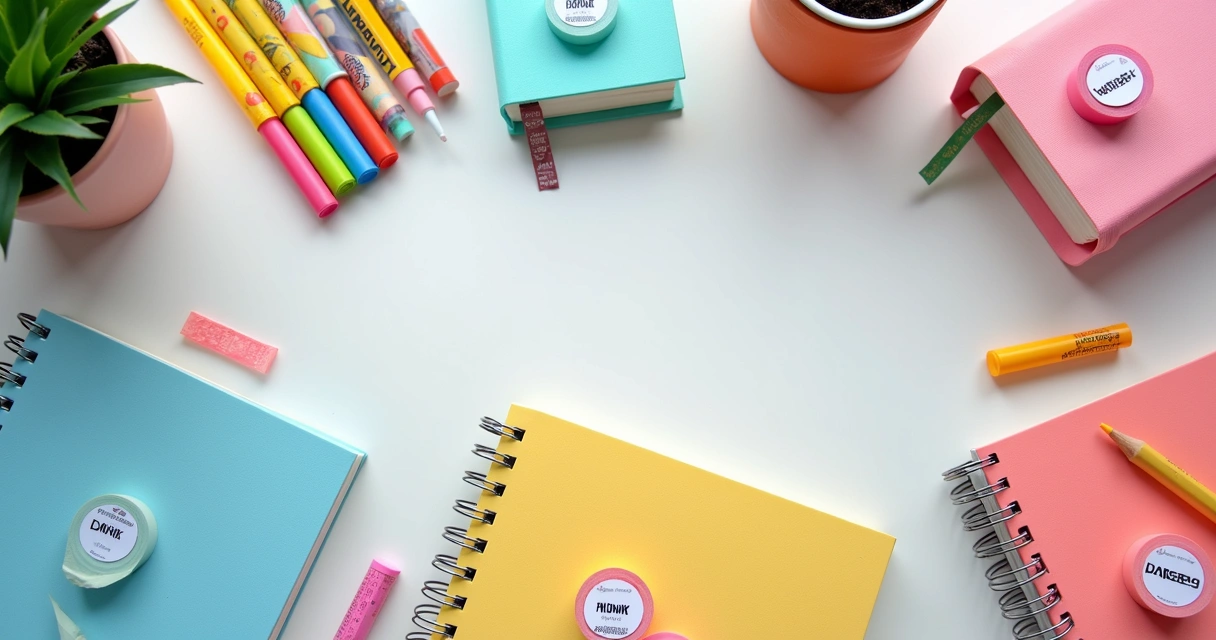 Fitas MK coladas em cadernos, objetos escolares e utensílios domésticos 