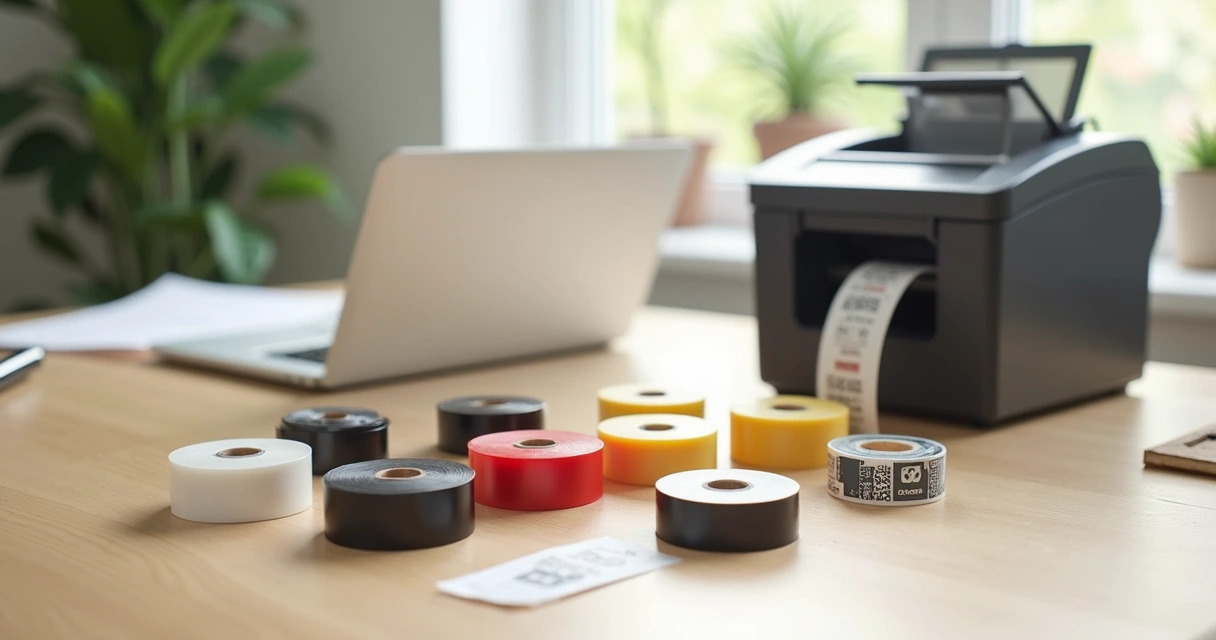 Fitas rotuladoras para impressoras Brother PT70, PT80 e PT90 em cores variadas dispostas sobre mesa clara 
