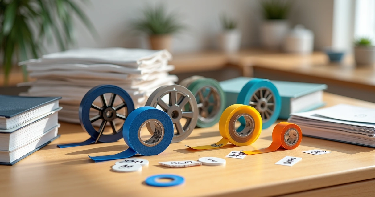 Fitas rotuladoras Brother de várias larguras e cores organizadas sobre mesa clara com etiquetas aplicadas em potes e cabos 