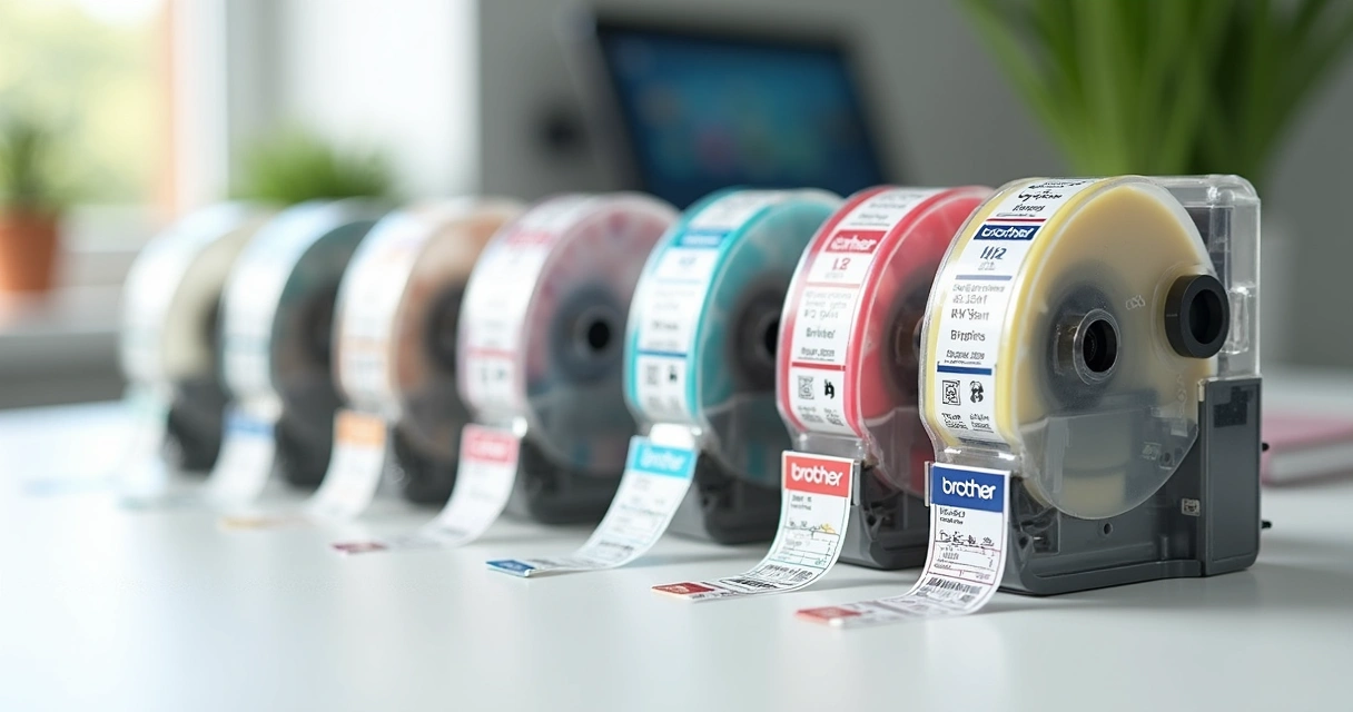 Fitas rotuladoras TZE organizadas em fila 