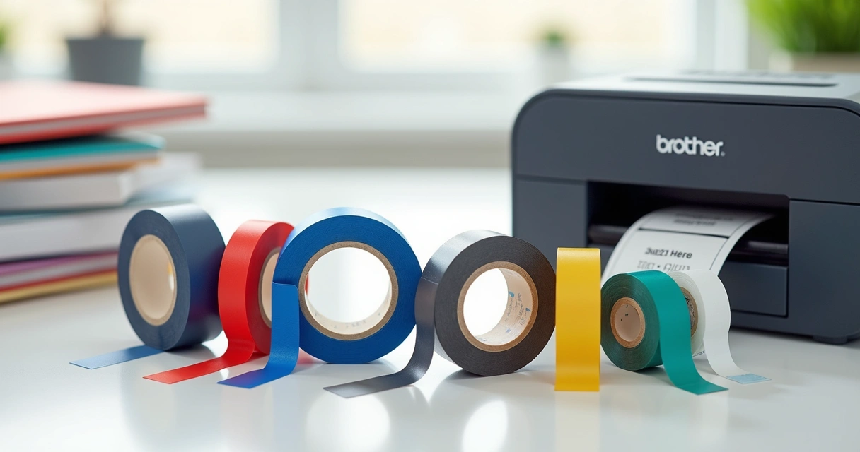 Diversas fitas TZE laminadas, super cola e decorativas para rotuladora P-touch expostas sobre mesa branca 