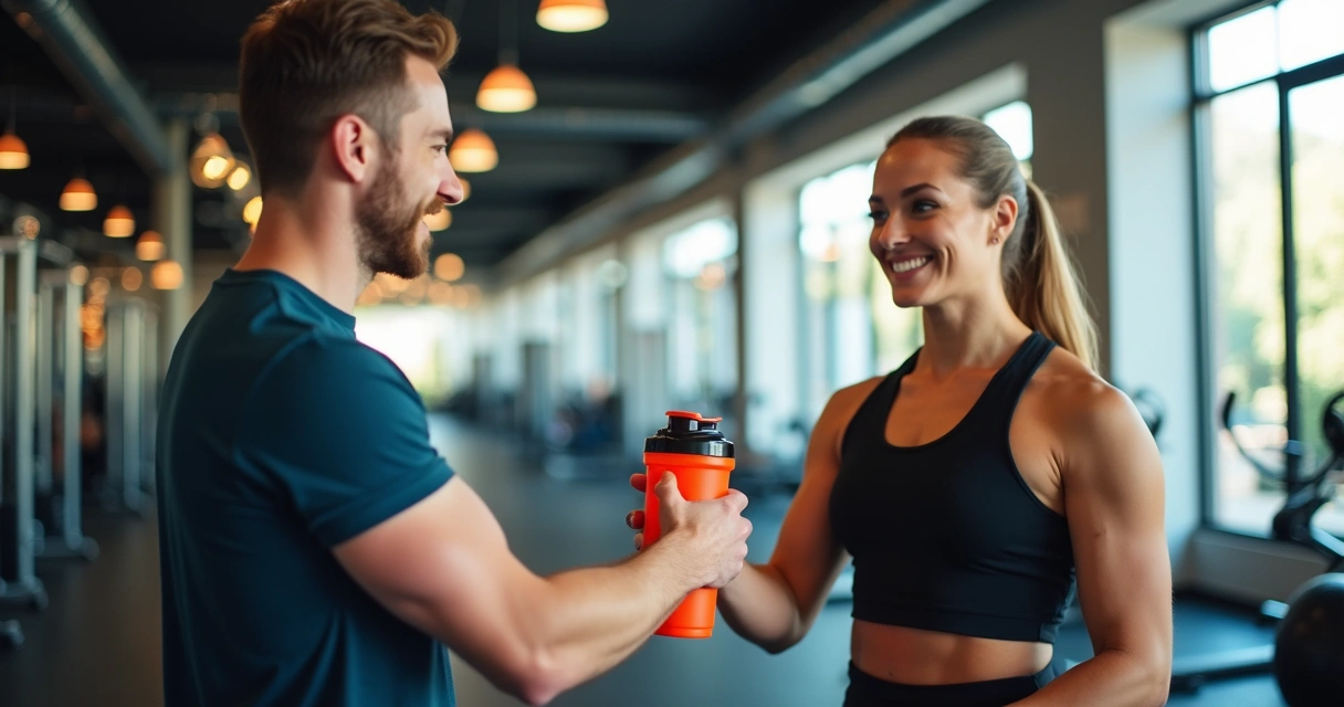 Profissional da área fitness entregando coqueteleira personalizada para cliente em academia