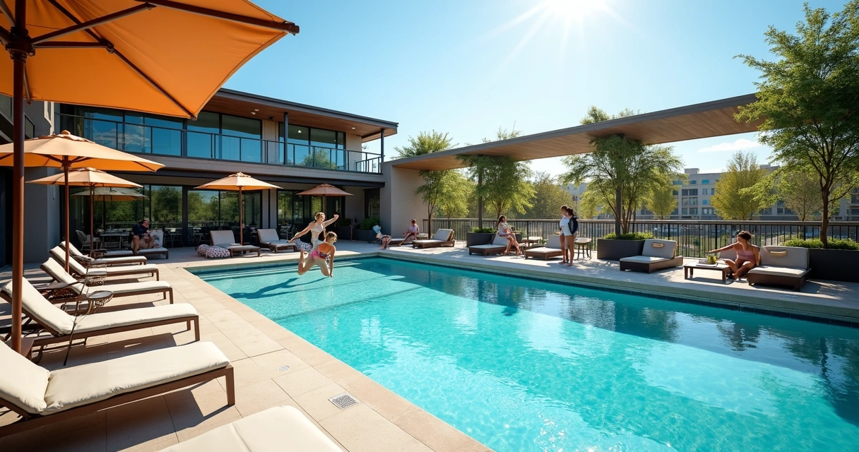 Fitness center outdoor pool with cabanas and group activity 