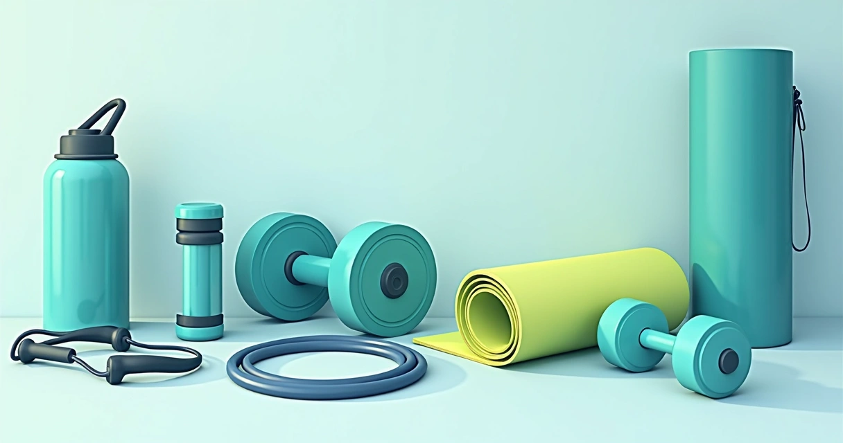Equipamentos compactos de treino em casa como elásticos, halteres e tapete de yoga organizados no chão 
