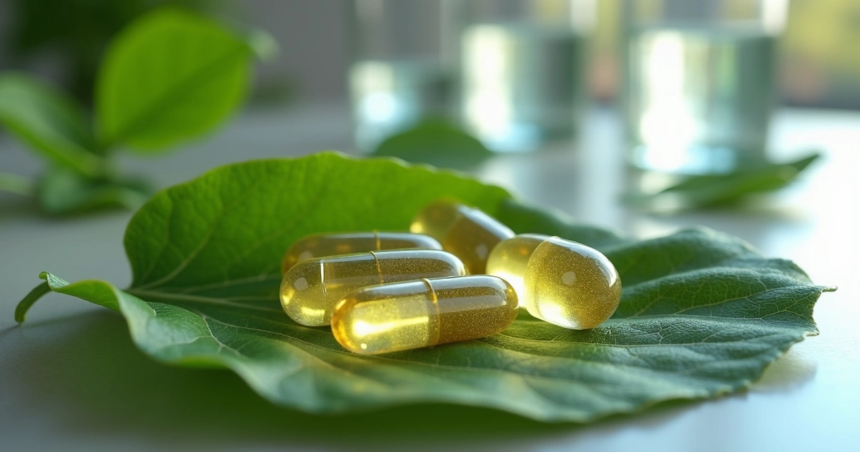 Cápsulas nutracêuticas sobre uma folha verde