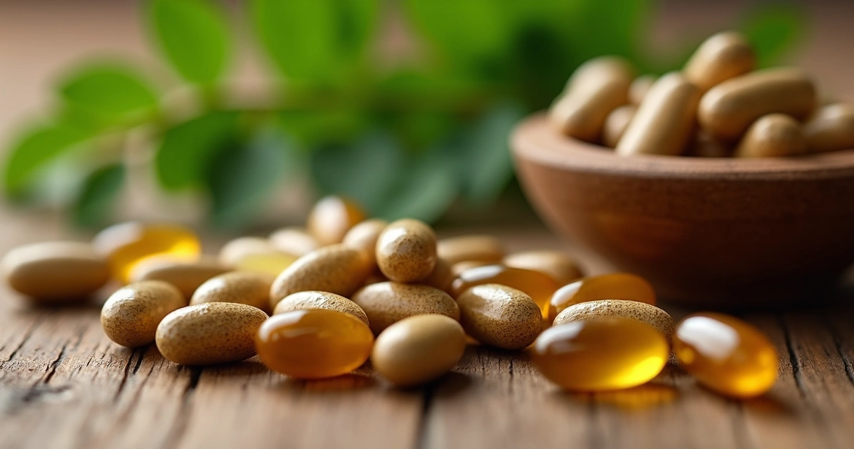 Tablete de maca peruana ao lado de folhas verdes 