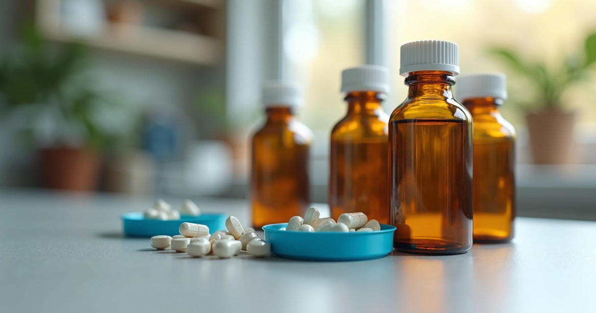 Frascos de remédio fitoterápico próximos a medicamentos da PrEP sobre fundo neutro.