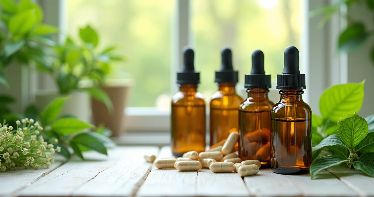 Frascos de fitoterápicos e extratos em bancada branca 