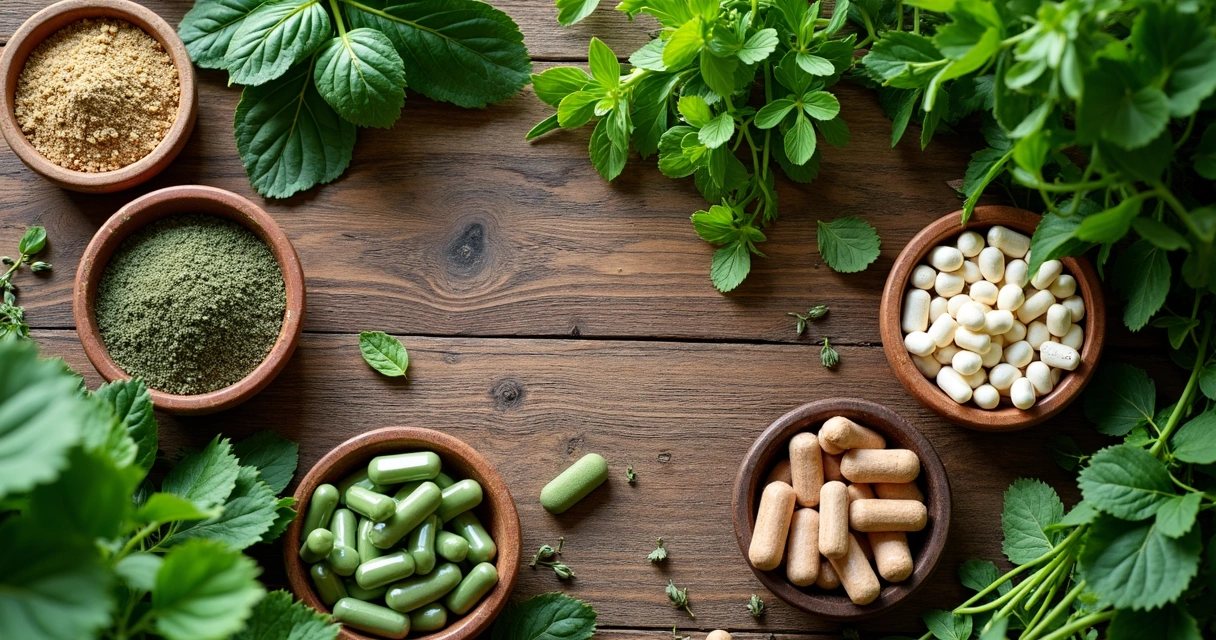 Plantas medicinais e cápsulas fitoterápicas em cima de uma mesa de madeira