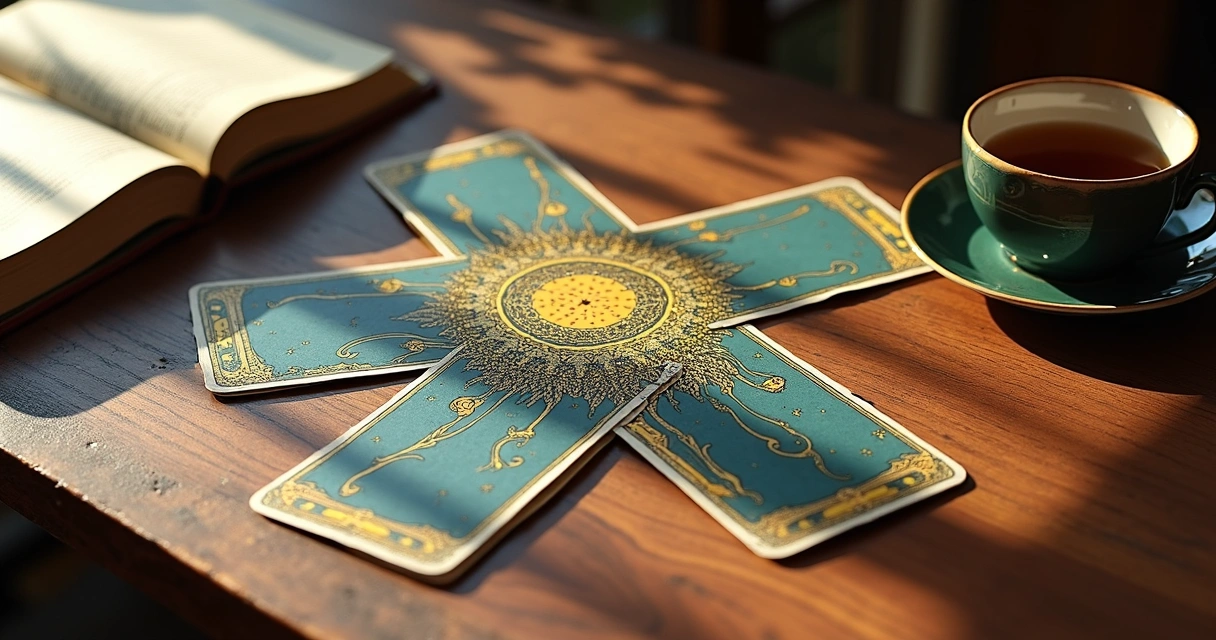 Five tarot cards in cross formation on table 