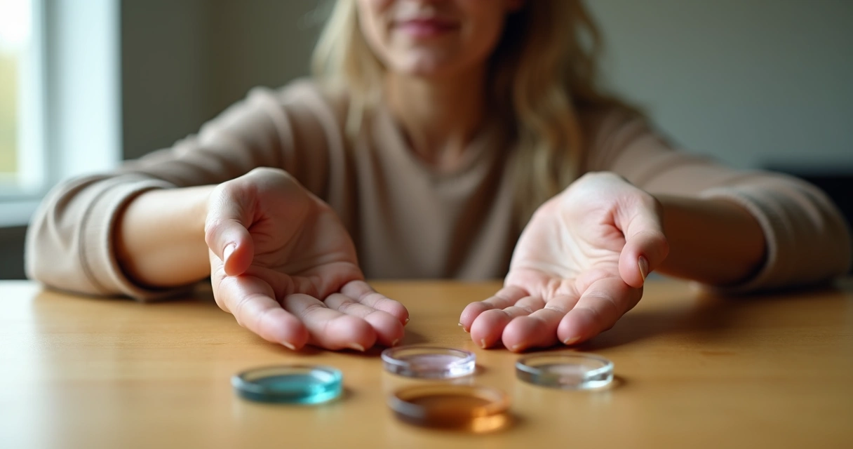Person holding five glass lenses with a caring expression 