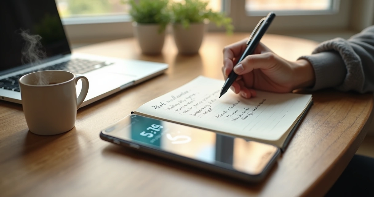 Person doing a short self-reflection practice with notebook and timer at a calm desk 