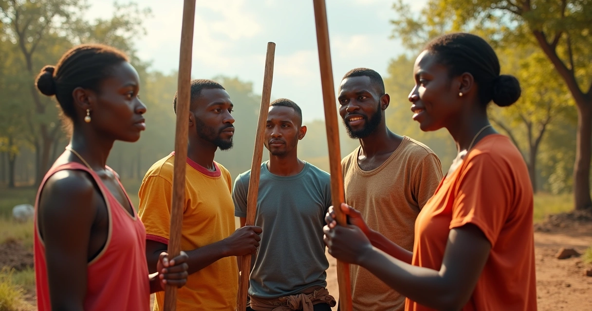 Five people each holding a wooden wand in a lively discussion