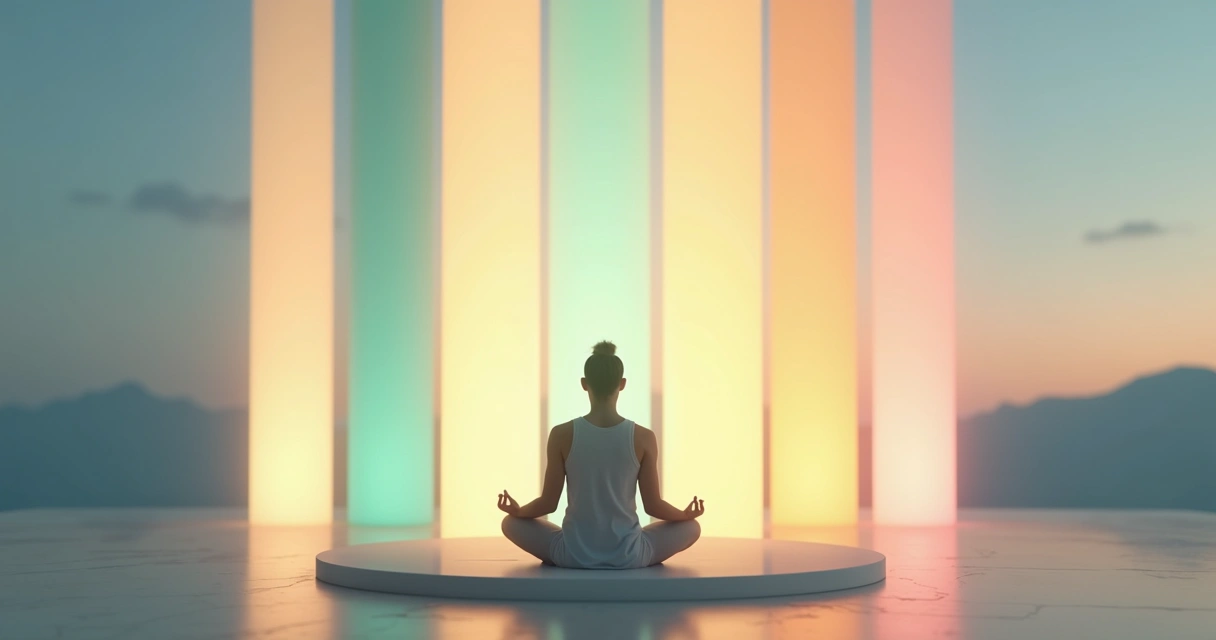 Person meditating on a platform with five glowing pillars behind 