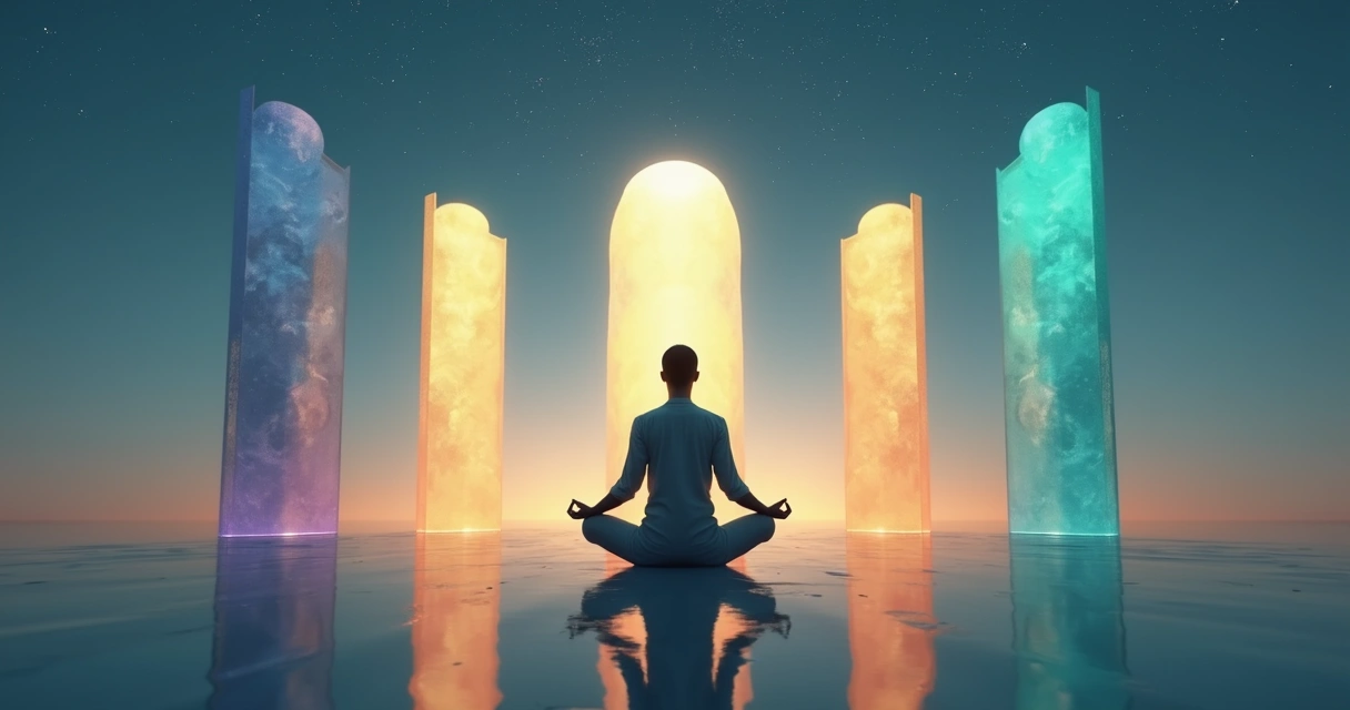 Human figure meditating in front of five glowing abstract pillars 
