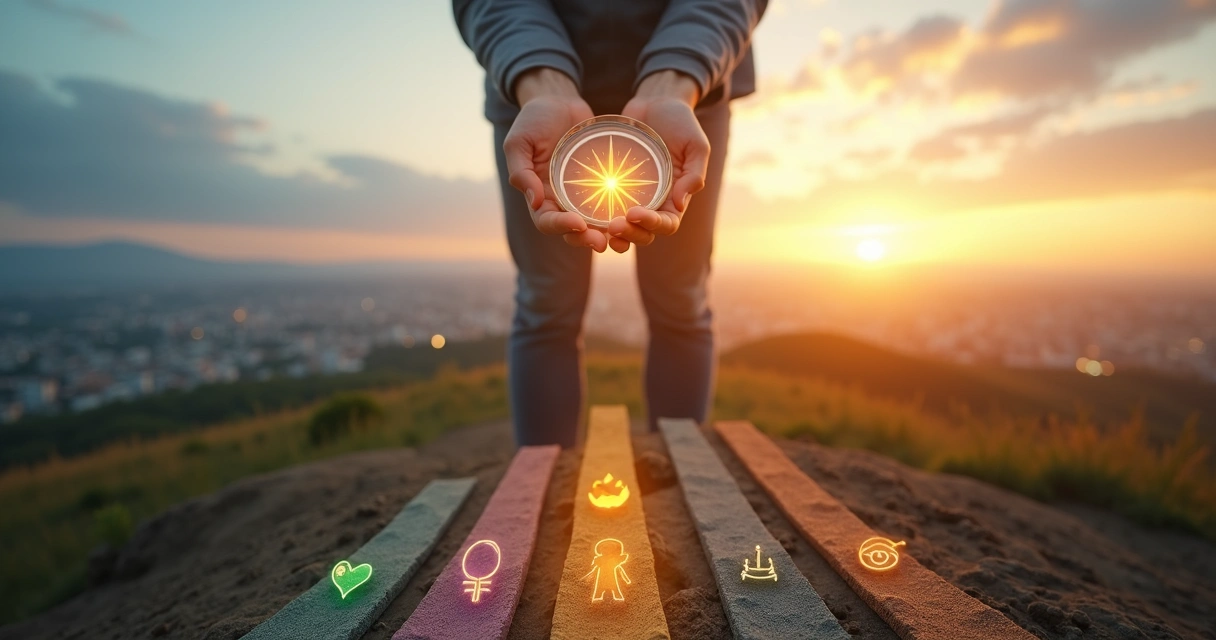 Person holding luminous compass over five paths at sunrise 