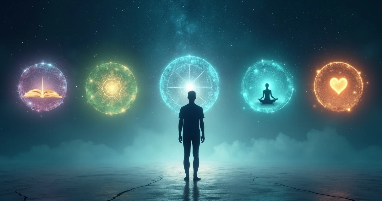 Human silhouette surrounded by five luminous circles representing the five sciences of consciousness 