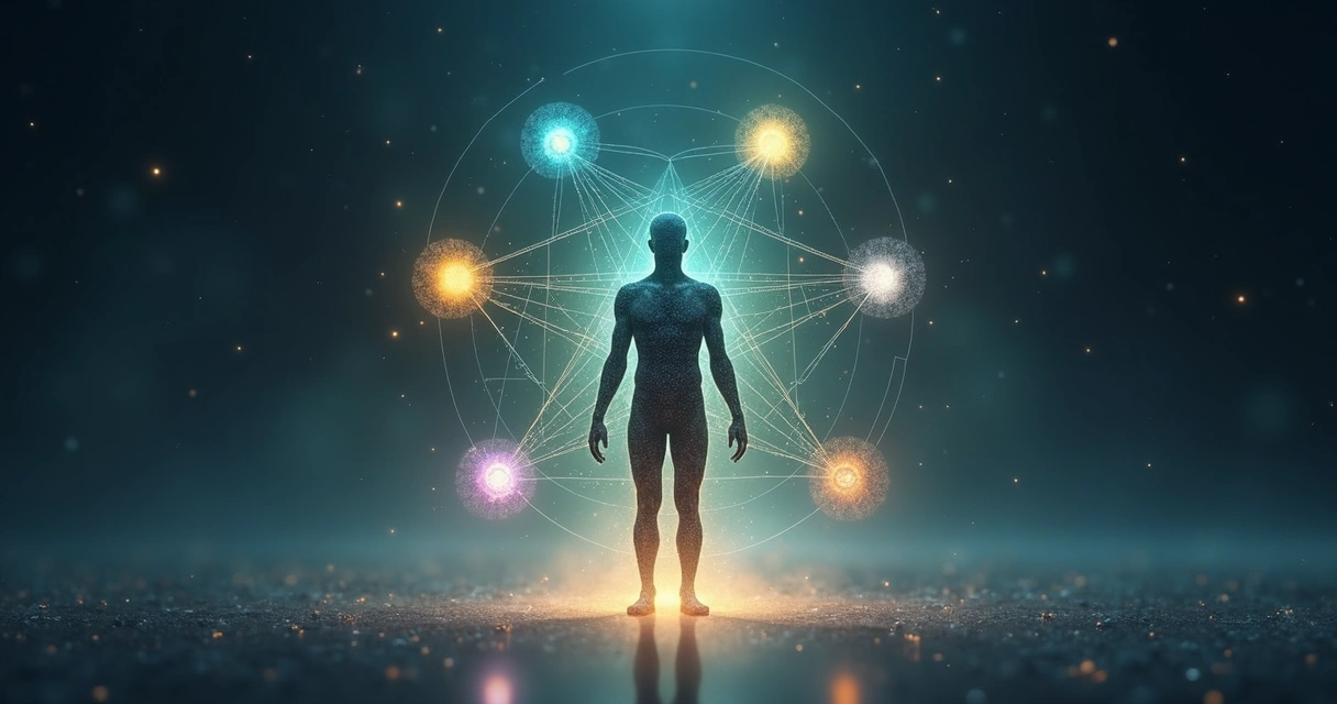 Abstract human silhouette surrounded by five luminous fields representing the Five Sciences of consciousness 