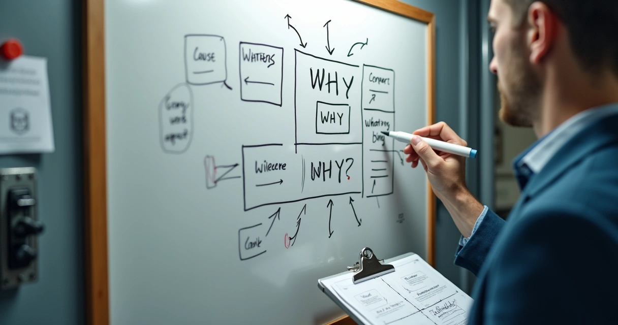 Technician drawing a 5 Whys diagram 