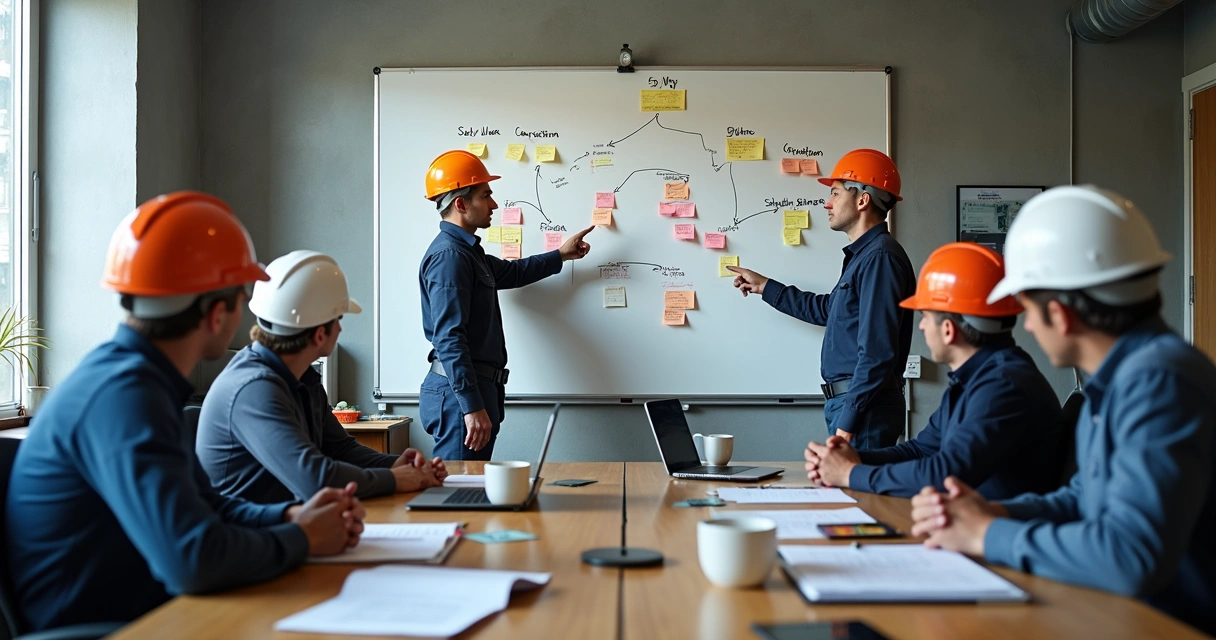 Team builds a 5 Whys diagram for a pump failure on a whiteboard. 