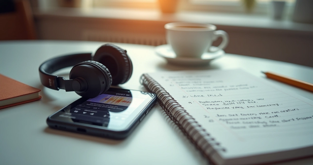 Fones, celular e caderno com revisão por áudio 
