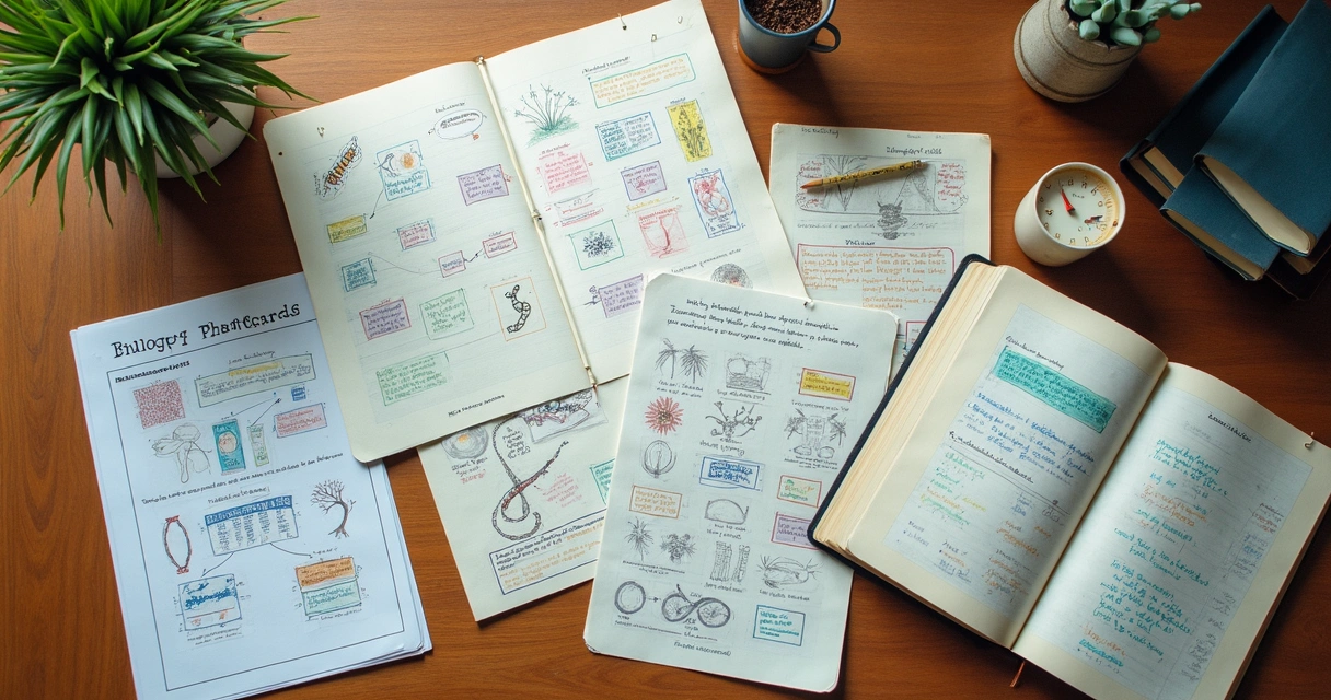 Mesa de estudo com flashcards de biologia, mapas mentais desenhados e cadernos abertos 