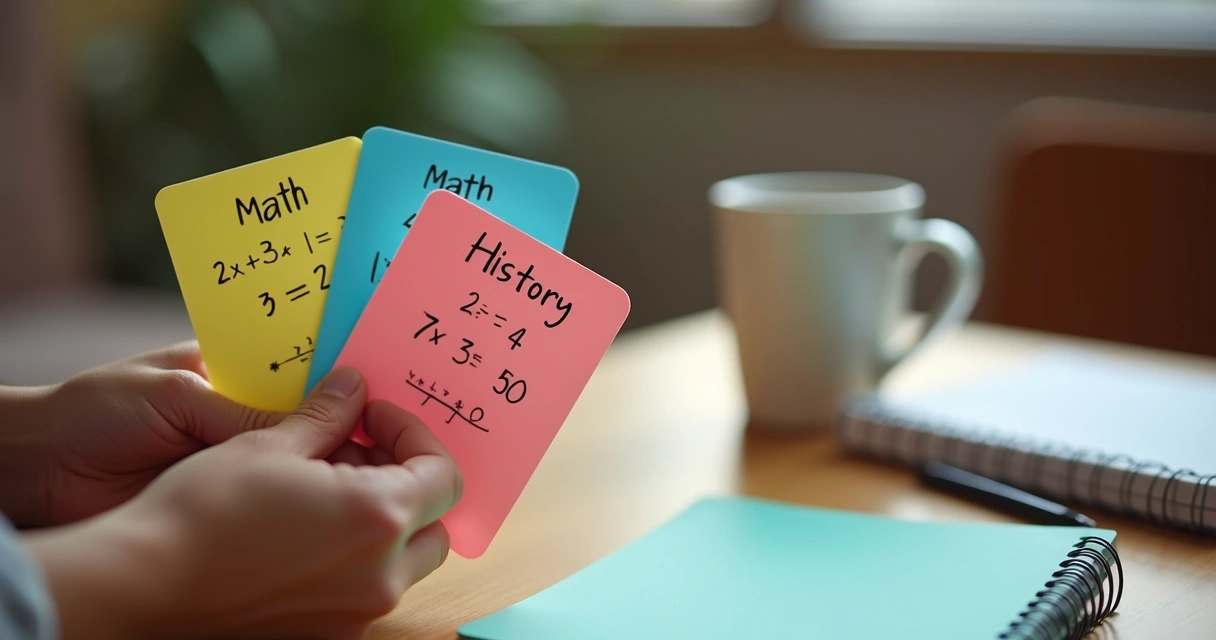 Mãos segurando flashcards coloridos para revisão rápida