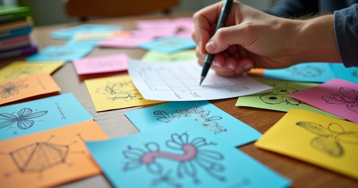 Flashcards com imagens, gráficos e diagramas sobre a mesa de estudo 