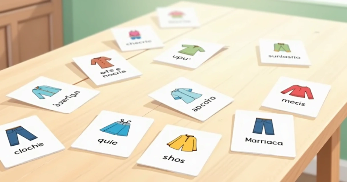Flashcards coloridos sobre roupas em inglês espalhados na mesa 