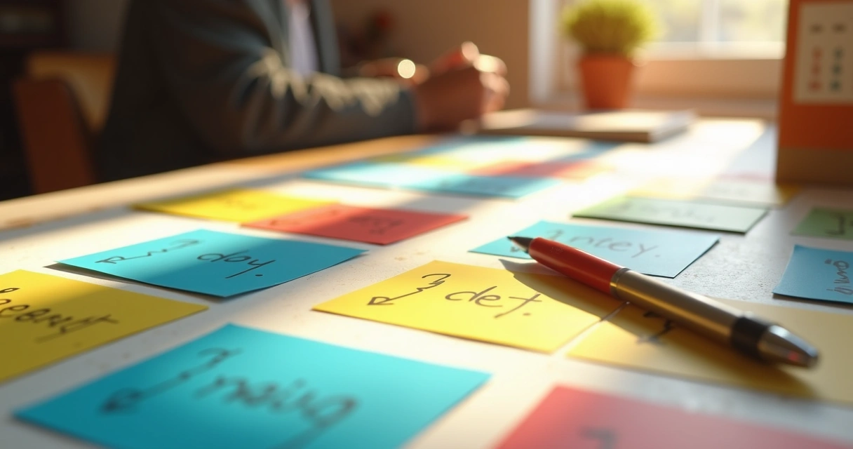 Flashcards coloridos sobre mesa de estudante