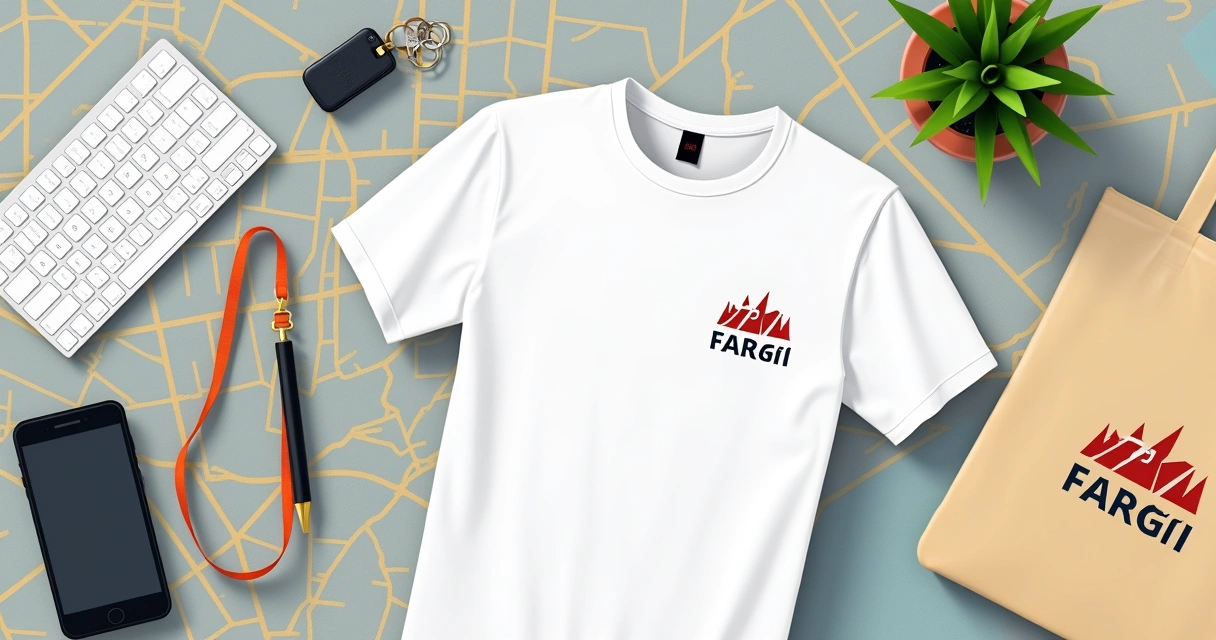 Flatlay mostrando kit personalizado com camiseta branca e ecobag bege com logo em ambiente paulistano 