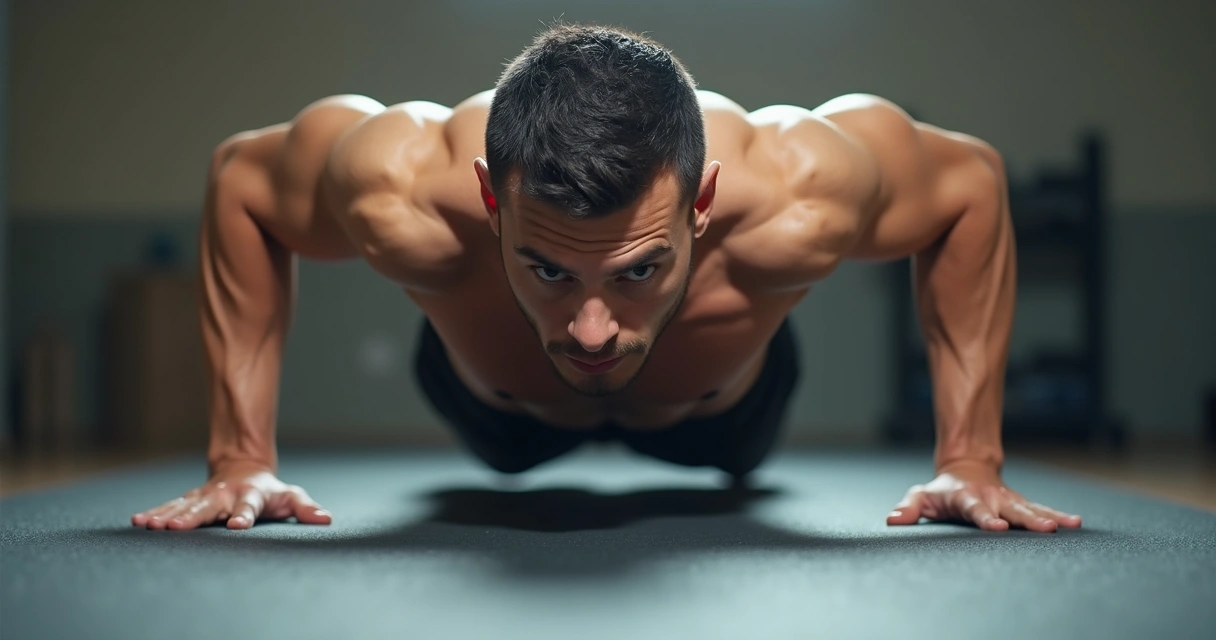 Pessoa em posição de flexão de braço, corpo alinhado e cotovelos dobrados 