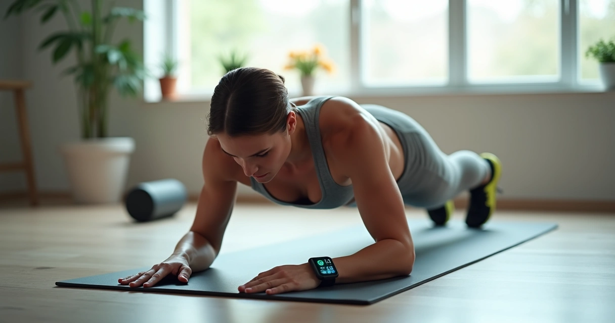 Pessoa fazendo flexão de braço no solo com smartwatch acompanhando treino 