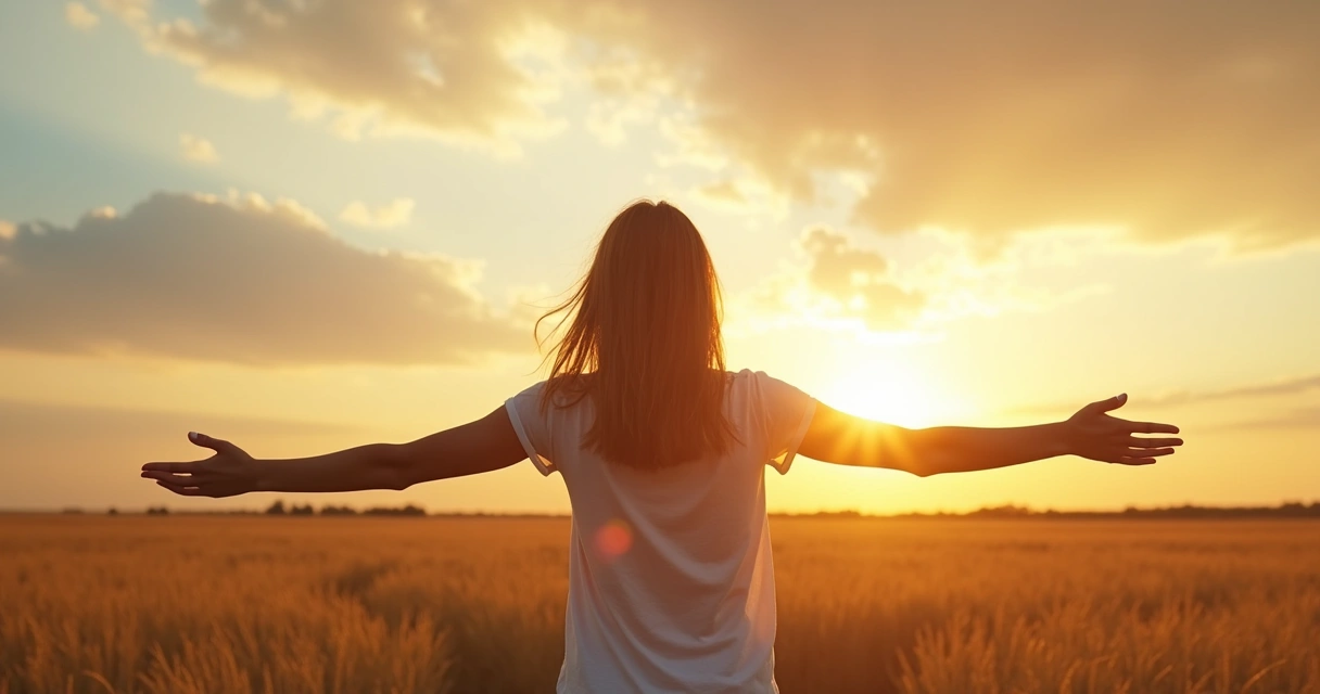 Mujer de pie en campo abierto bajo cielo cambiante, brazos abiertos, representando flexibilidad y aceptación