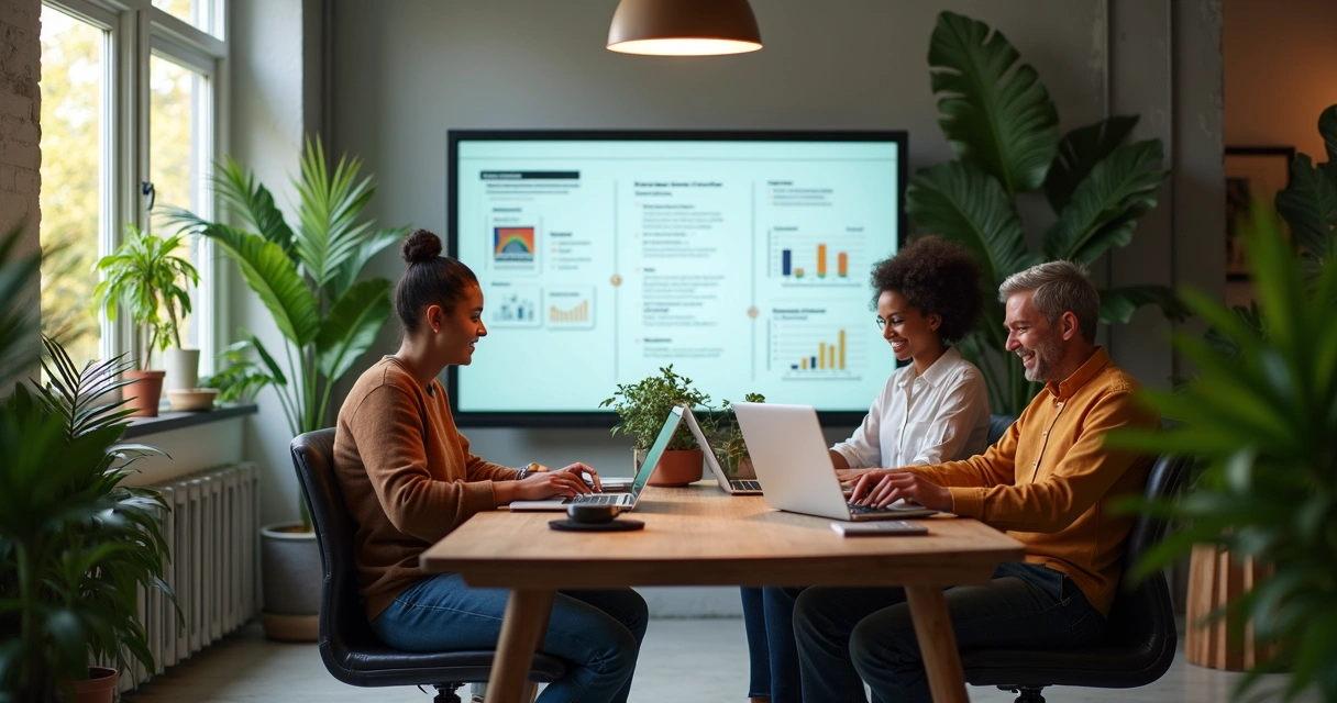 Equipe remota trabalhando de forma flexível com lousa digital e plantas ao redor 
