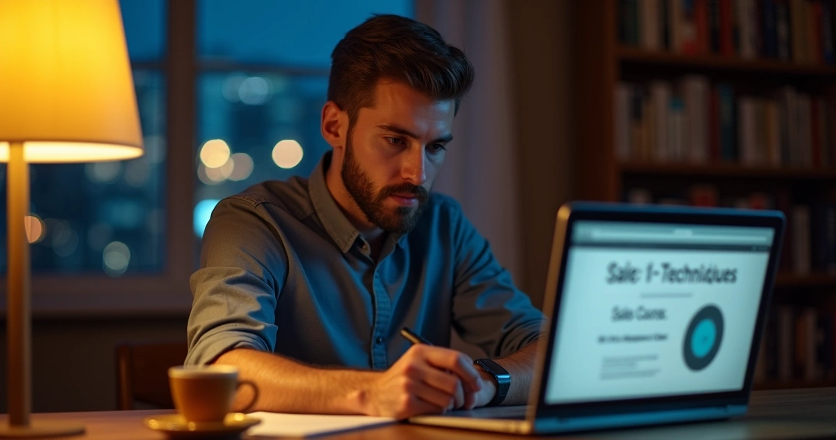 Contador estudando vendas online em casa à noite 