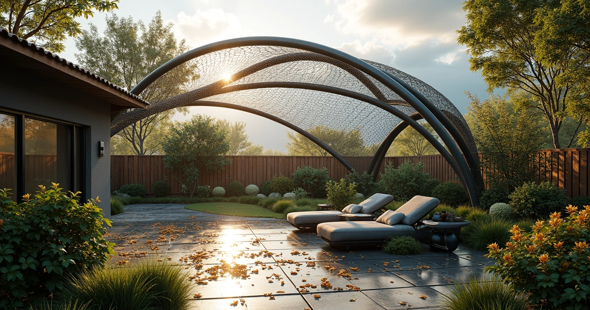 Flexible geodesic pergola in a tornado-resistant yard 