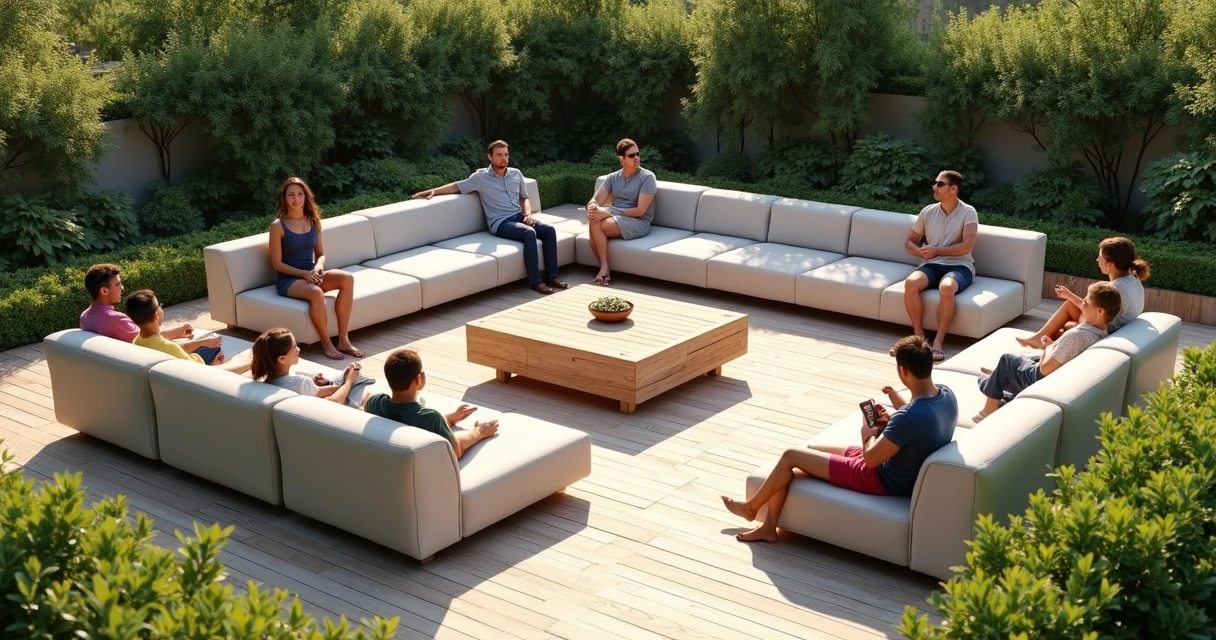 Modular benches rearranged on a modern patio 
