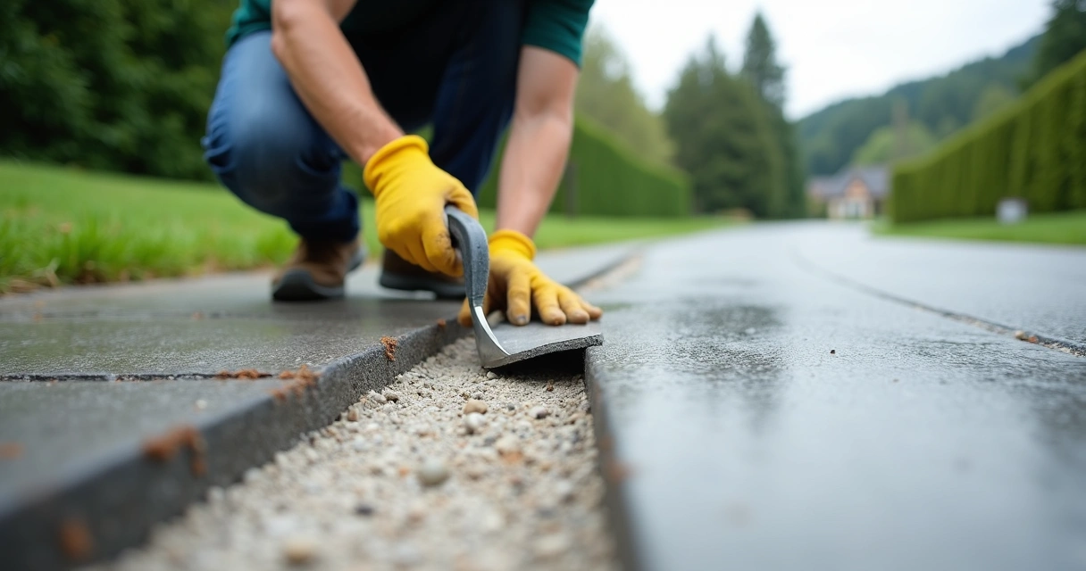 Applying flexible joint sealant to concrete driveway 