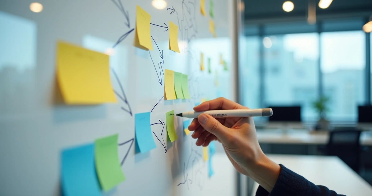 Whiteboard with branching workflow options in an office setting