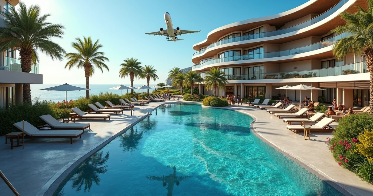 Airplane flying above hotel with swimming pool