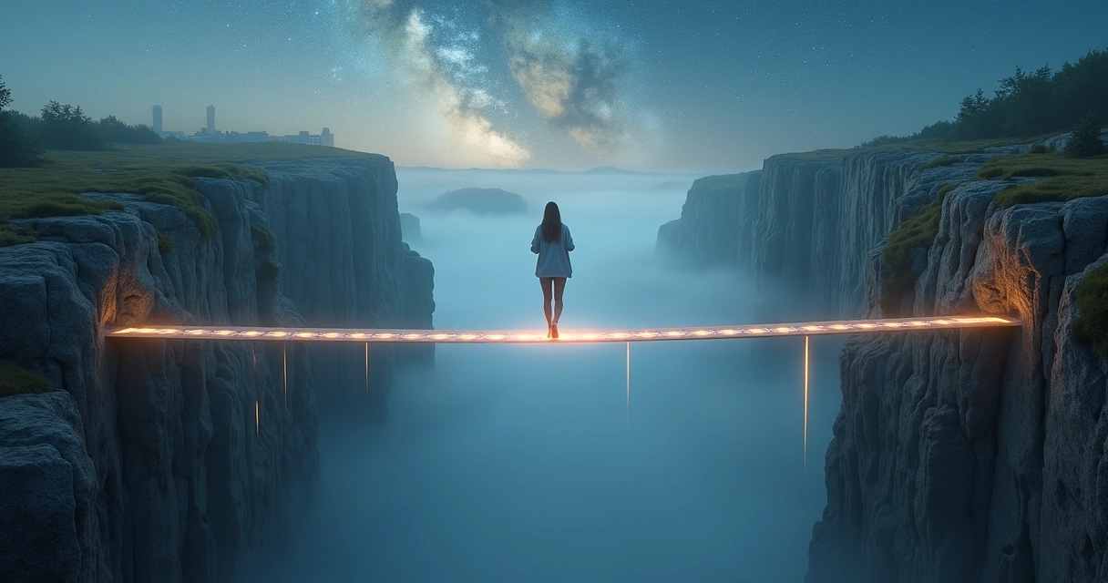 Person crossing a glowing floating bridge between two cliffs under a starry sky 
