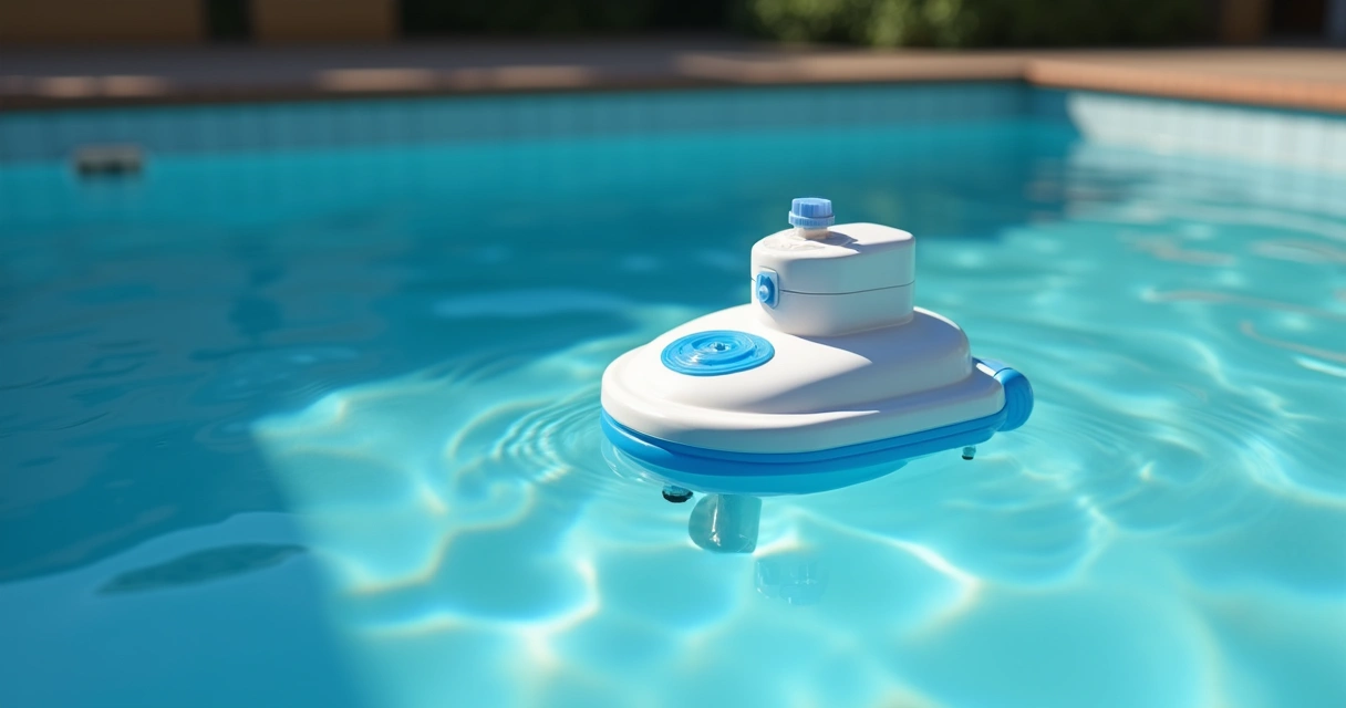 Floating pool chlorine dispenser on blue pool water 