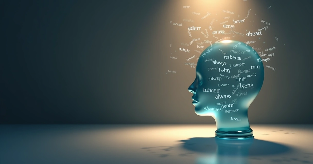 Human profile surrounded by floating words casting long abstract shadows 