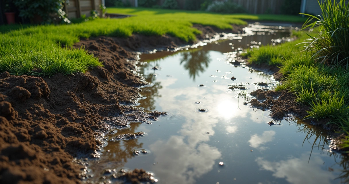 Flooded soil in a backyard garden with puddles and damaged grass 